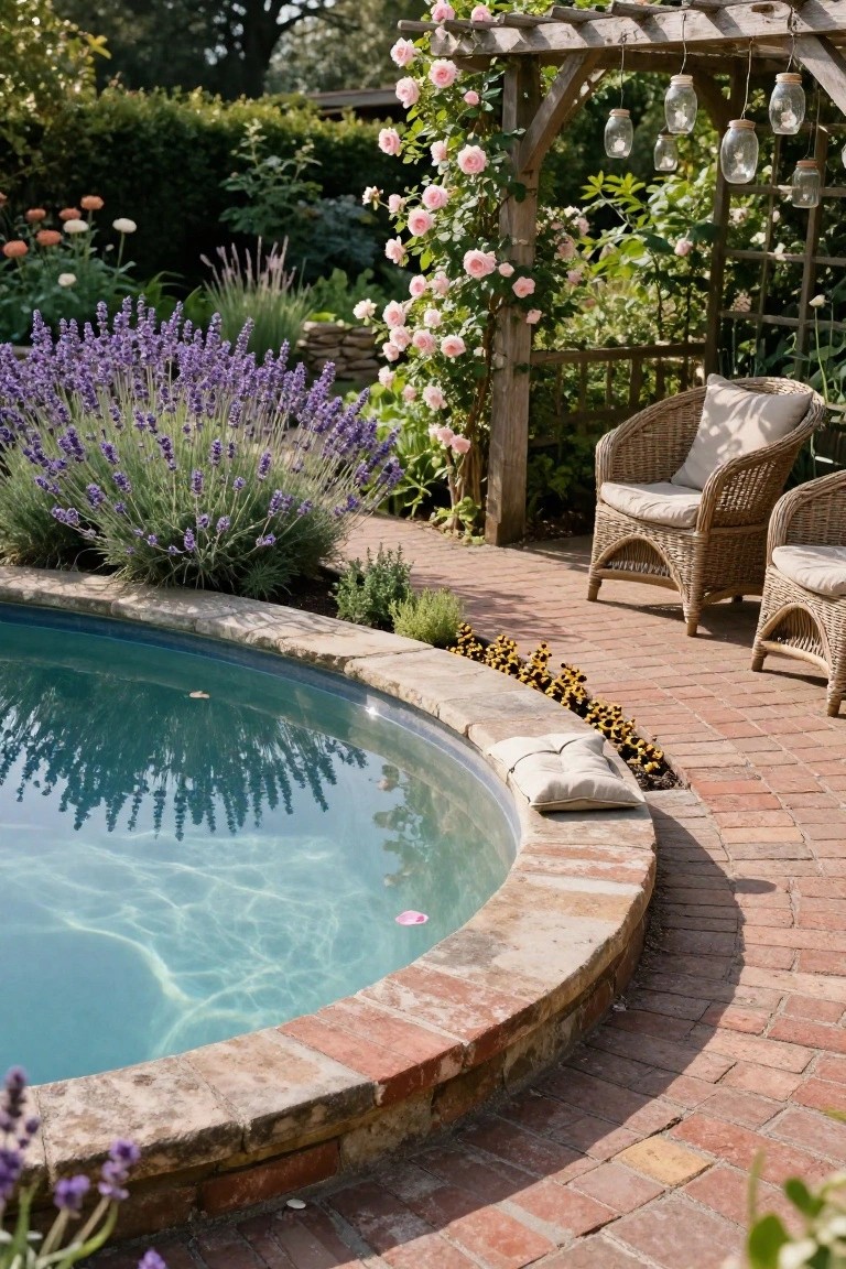 Curved inground pool with rustic stone and brick coping edged by dense lavender bushes, pink roses climbing a wooden arbor with hanging lanterns, yellow flowers along a brick path, and two rattan chairs nearby.