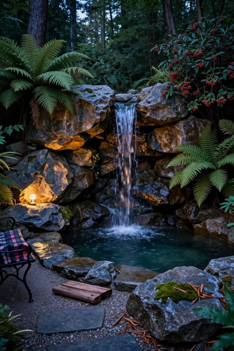 Small inground pool with waterfall cascading from stacked natural rocks, surrounded by ferns, mossy stones, red-berried shrubs, a lit lantern, checkered metal bench, wooden step, and forest trees at dusk.