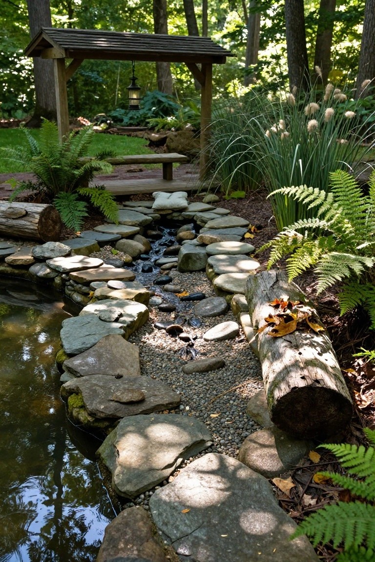 Flat stones form a path crossing over a small stream with rocks and gravel, surrounded by ferns, mossy logs, tall grasses, and trees in a wooded garden.