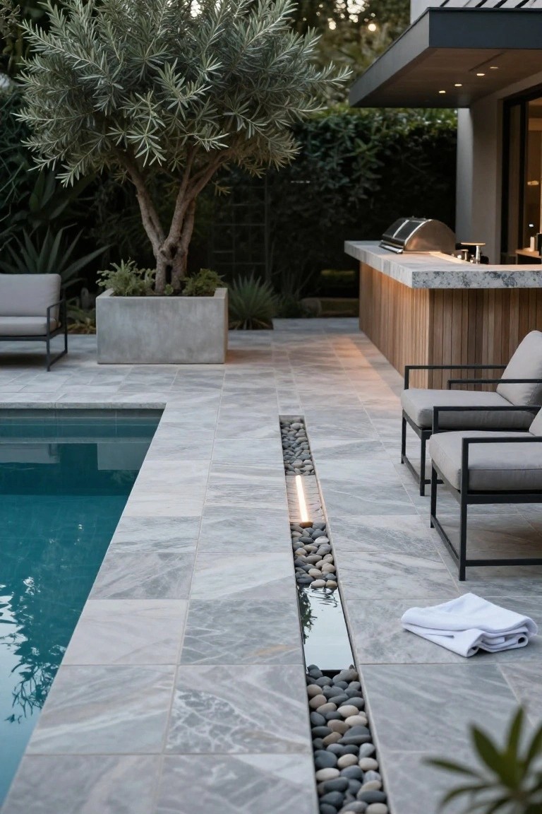 Gray tiled outdoor patio beside a turquoise inground pool, with a linear pebble-filled drain lit from below, wooden bar area with grill, metal lounge chairs, potted olive tree, and agave plants.