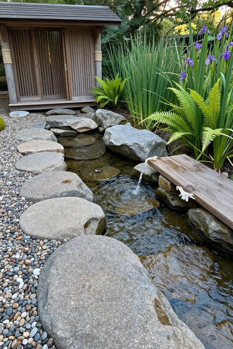 Garden path of large round stepping stones crossing a narrow shallow stream with rocks, gravel, ferns, reeds, and purple irises nearby, plus a wooden pavilion structure in the background.