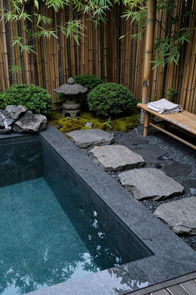 Small rectangular inground pool with dark tiled edges surrounded by bamboo fence, stone lantern, clipped shrubs, mossy rocks, gravel groundcover, irregular flat stepping stones, and a bamboo bench with folded towel.