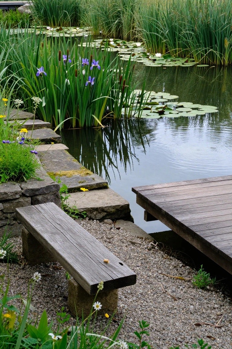 Garden pond with tall green reeds, purple iris flowers, water lilies on the surface, stone walls, gravel ground, wooden bench, and wooden dock extending into the water.