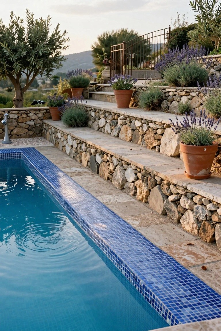 Inground pool with blue mosaic tile edges bordered by multi-tiered dry-stack stone retaining walls planted with lavender bushes and terracotta pots, plus olive trees and distant hills.