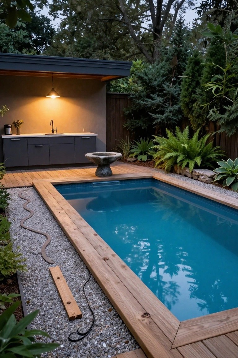 Small rectangular inground pool with turquoise water surrounded by light wood decking, adjacent outdoor kitchen with dark cabinets sink and pendant light, gravel borders plants and trees in backyard.