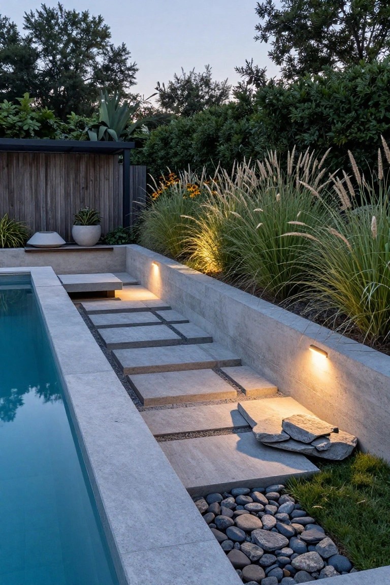 Raised concrete pool wall with wide rectangular stone steps leading down to the turquoise pool water, flanked by tall ornamental grasses, pebble mulch, scattered rocks, and recessed wall lights.