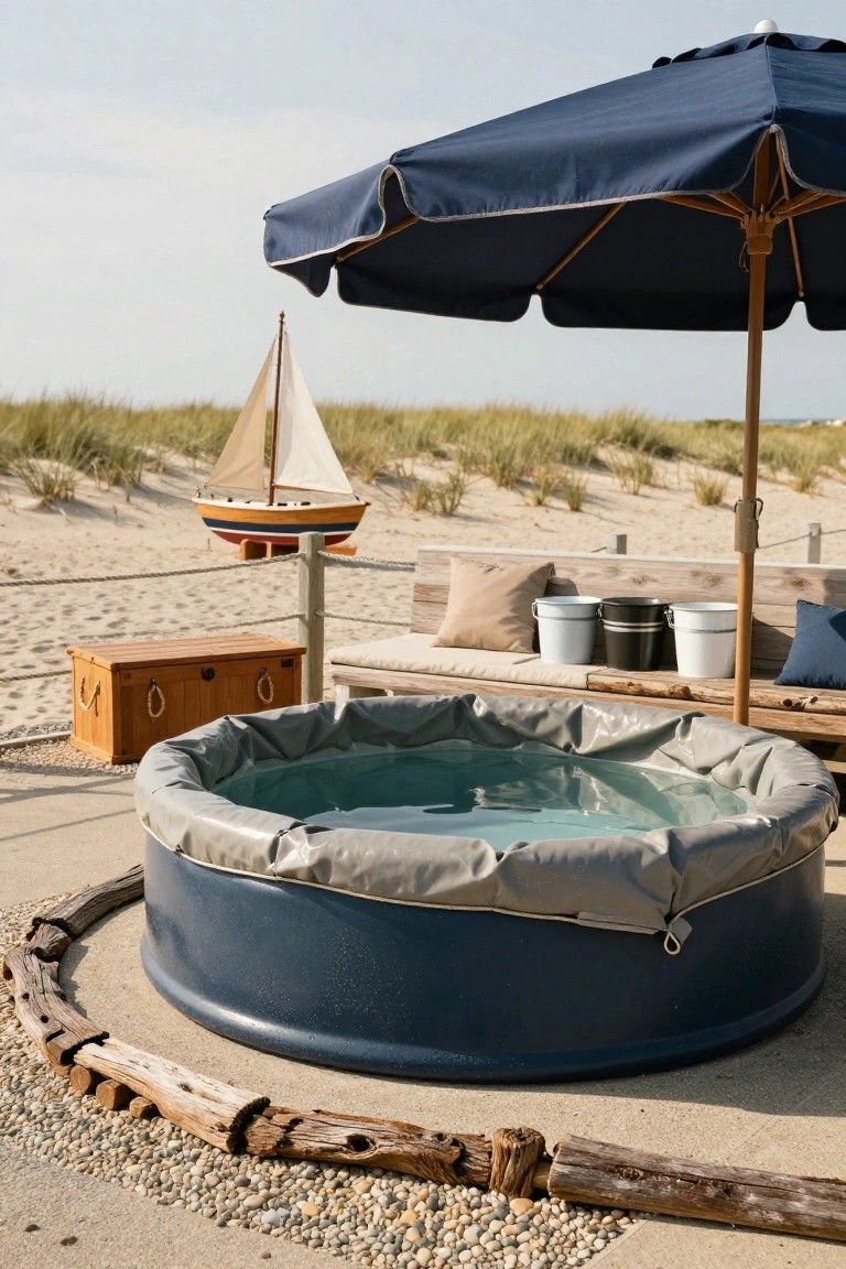 23 Lovely Stock Tank Pool Ideas For Kids That Feel Safe And Fun Blue stock tank pool on a concrete patio edged with driftwood logs, next to wooden benches with pillows and buckets, under a blue beach umbrella, with a small toy sailboat model and beach grass in the background.