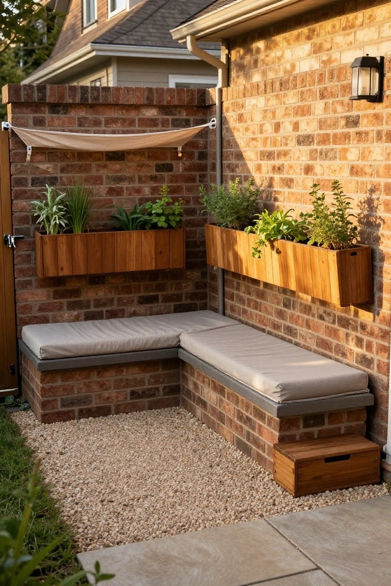23 Lovely Stock Tank Pool Ideas For Kids That Feel Safe And Fun L-shaped cushioned bench built into a brick wall corner in a backyard, with wooden planters holding herbs mounted on the wall above, a beige fabric canopy overhead, gravel ground cover, and a small wooden storage box nearby.