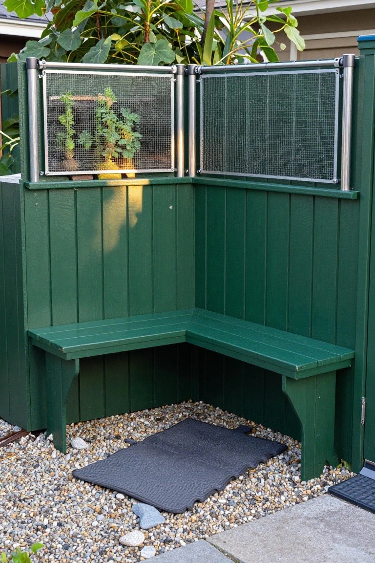 23 Lovely Stock Tank Pool Ideas For Kids That Feel Safe And Fun Green painted wood panels form an L-shaped enclosure with a built-in bench seat, topped by stainless steel mesh screens containing potted plants, on a gravel ground with a black rubber mat.