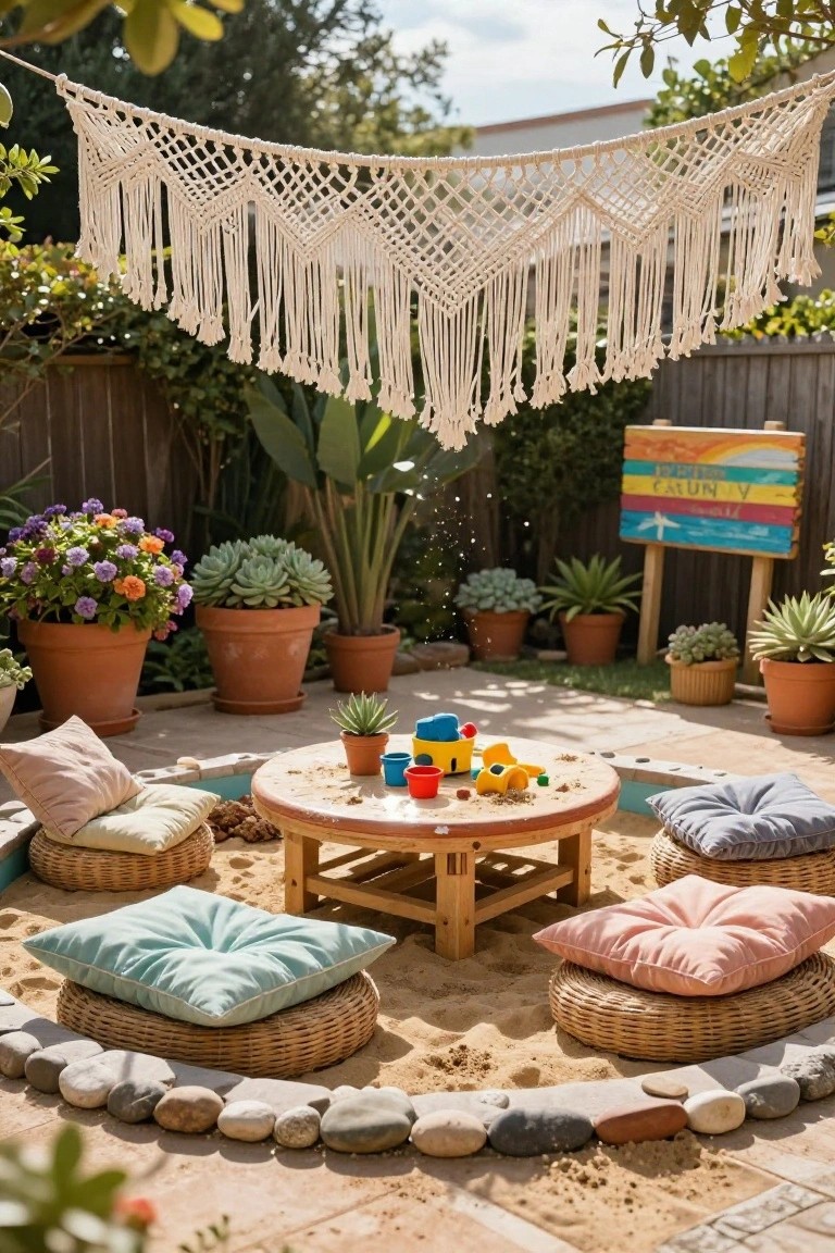 23 Lovely Stock Tank Pool Ideas For Kids That Feel Safe And Fun Backyard play area featuring a circular sand pit with woven rattan floor cushions and colorful pillows arranged around a low wooden table holding toys and cups, surrounded by potted plants and rocks, under a macrame hanging, next to a colorful wooden Fun Town sign.