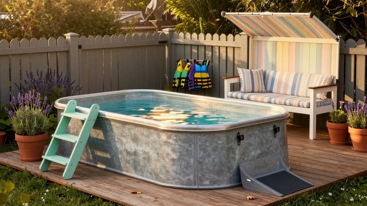 Round galvanized stock tank pool filled with water on a wooden deck, accessed by a green two-step wooden ladder, with potted lavender and rosemary plants, a cushioned bench, life jackets hanging nearby, and a striped umbrella providing shade against a white picket fence.