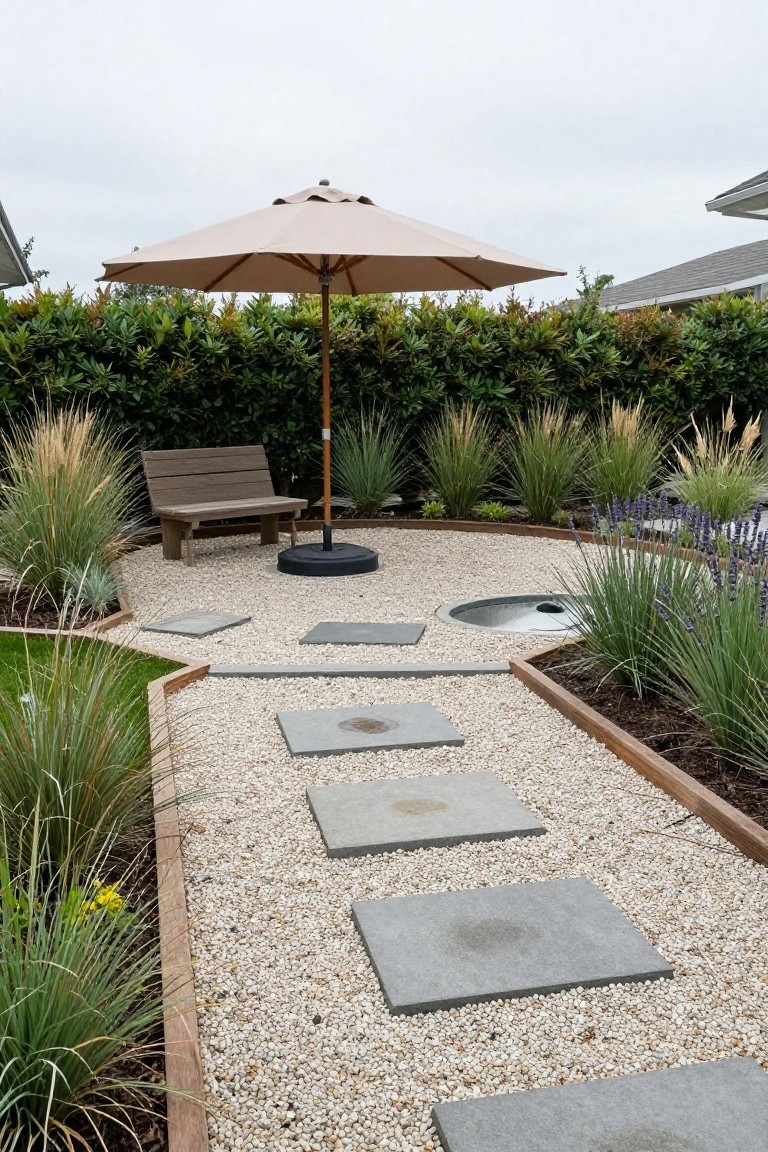 23 Lovely Stock Tank Pool Ideas For Kids That Feel Safe And Fun Circular metal stock tank pool embedded in white gravel ground with square gray stone stepping pads leading to it, surrounded by ornamental grasses, lavender plants, wooden edging, a bench under beige umbrella, and tall green hedges.