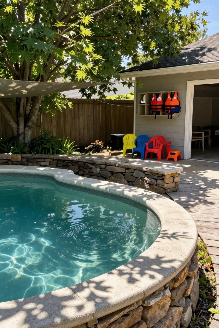 23 Lovely Stock Tank Pool Ideas For Kids That Feel Safe And Fun Kidney-shaped turquoise pool with stone wall border and wooden deck edge, colorful small plastic chairs nearby, life jackets on garage rack, trees and shade sail overhead.