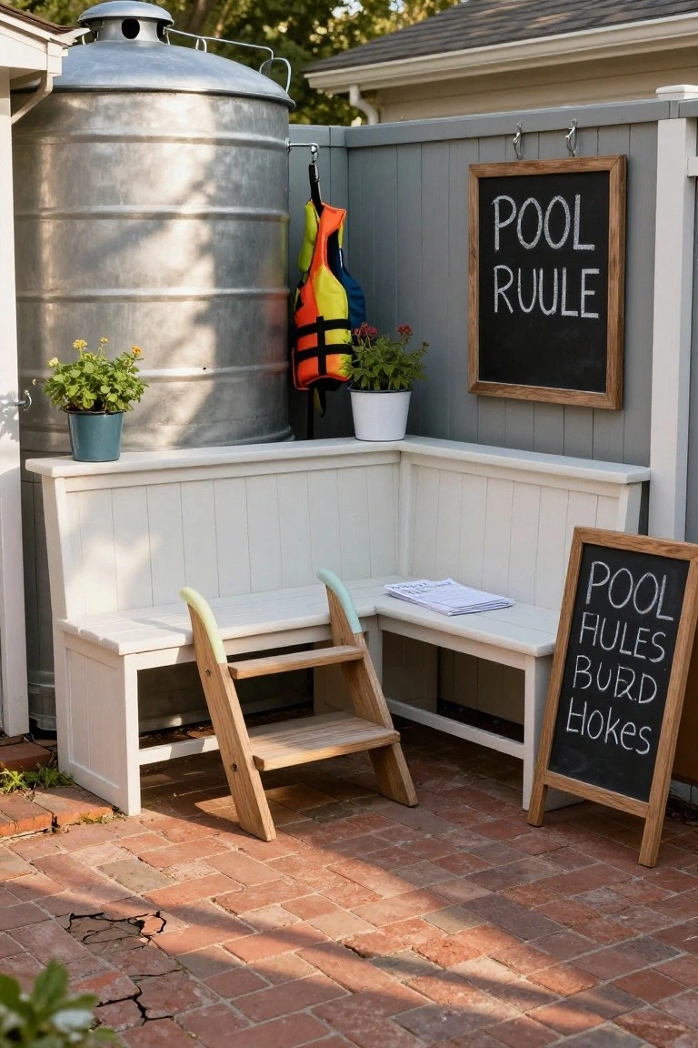 23 Lovely Stock Tank Pool Ideas For Kids That Feel Safe And Fun Outdoor backyard pool area with a large silver stock tank, orange and yellow life vests hanging on it, two chalkboard signs reading "POOL RULULE" and "POOL RULES BURD HOLES," a white corner bench with green step stool, potted plants, and brick paver patio.