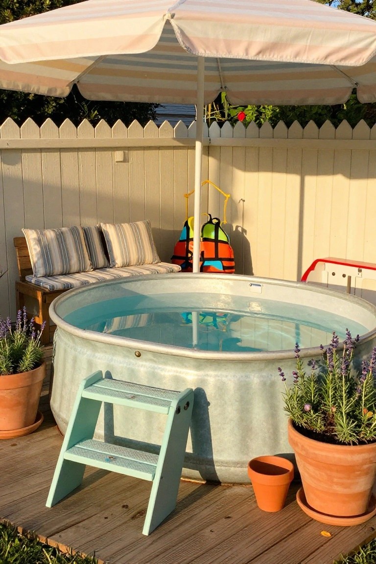 23 Lovely Stock Tank Pool Ideas For Kids That Feel Safe And Fun Round galvanized stock tank pool filled with water on a wooden deck, accessed by a green two-step wooden ladder, with potted lavender and rosemary plants, a cushioned bench, life jackets hanging nearby, and a striped umbrella providing shade against a white picket fence.