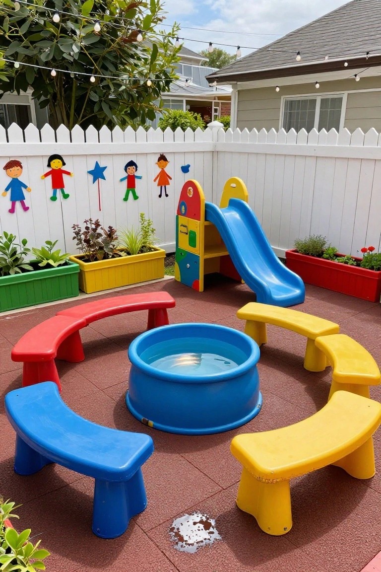 23 Lovely Stock Tank Pool Ideas For Kids That Feel Safe And Fun Backyard play area with blue round pool centered on red rubber flooring, surrounded by red, yellow, and blue plastic benches, yellow and blue playground structure with slide, green and yellow planters with plants, and white picket fence with colorful kid silhouettes.