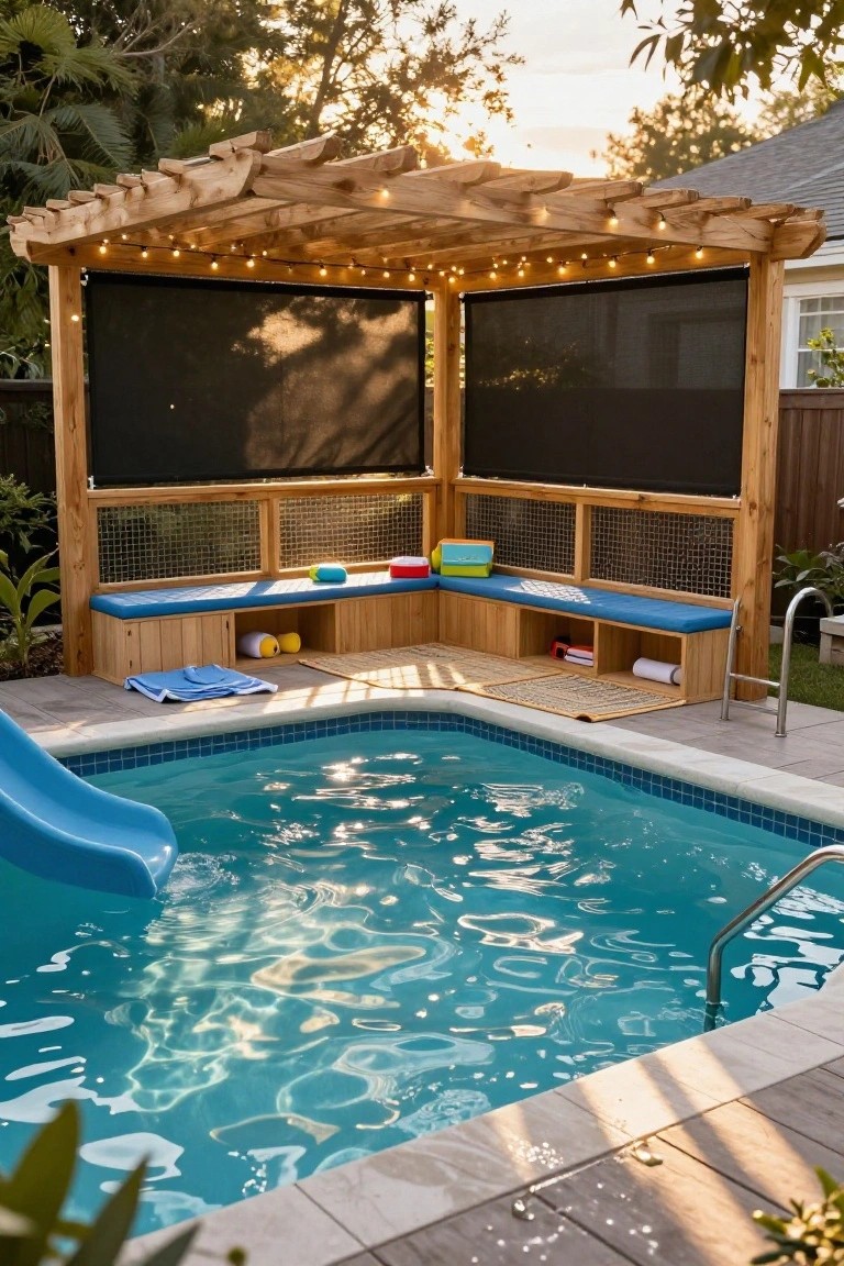 23 Lovely Stock Tank Pool Ideas For Kids That Feel Safe And Fun Wooden pergola with black shade screens and string lights shading a small turquoise pool with blue slide, blue cushioned benches with storage cubbies, towels, toys, and plants nearby.