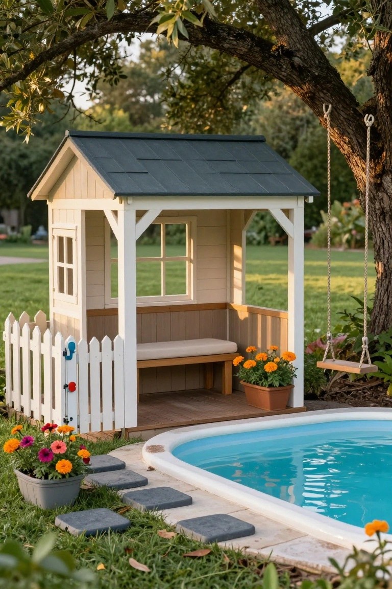 23 Lovely Stock Tank Pool Ideas For Kids That Feel Safe And Fun Small beige wooden playhouse with window, bench, and sloped roof positioned next to a round blue stock tank pool, enclosed by white picket fence, with potted flowers, stepping stones, and tree swing nearby.