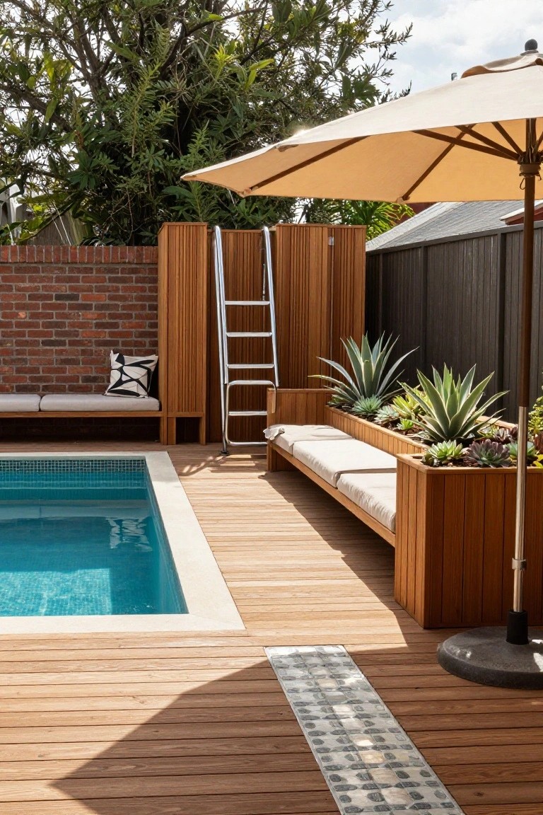 23 Lovely Stock Tank Pool Ideas For Kids That Feel Safe And Fun Small blue tiled pool with metal ladder on wooden deck, built-in wooden benches with white cushions and integrated planter boxes containing agave and succulent plants, beige umbrella nearby, brick and wooden fences in background.