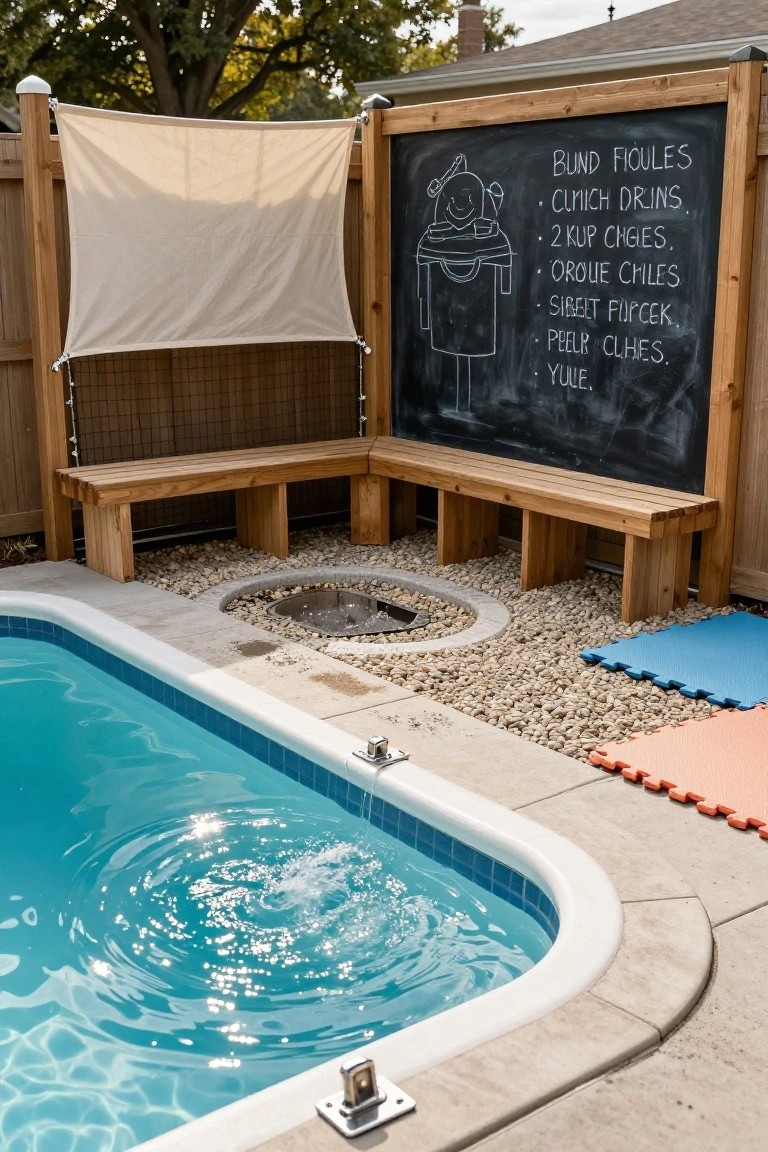 23 Lovely Stock Tank Pool Ideas For Kids That Feel Safe And Fun Wooden L-shaped benches along a fenced backyard area next to a small blue pool, with a chalkboard menu on the fence, gravel fire pit, shade sails overhead, and foam play mats on the concrete patio.