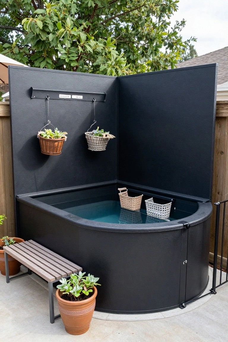 23 Lovely Stock Tank Pool Ideas For Kids That Feel Safe And Fun Black stock tank pool filled with turquoise water on a concrete patio, enclosed by tall matte black privacy panels with hanging plant baskets, flanked by a wooden bench and potted plants.