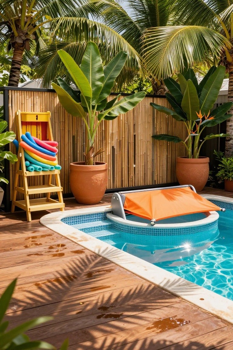 23 Lovely Stock Tank Pool Ideas For Kids That Feel Safe And Fun Small round blue mosaic-tiled pool with orange fabric shade canopy on a wooden deck, surrounded by tropical plants, bamboo privacy fence, yellow lifeguard chair holding stacked colorful pool noodles, and potted plants in a backyard.