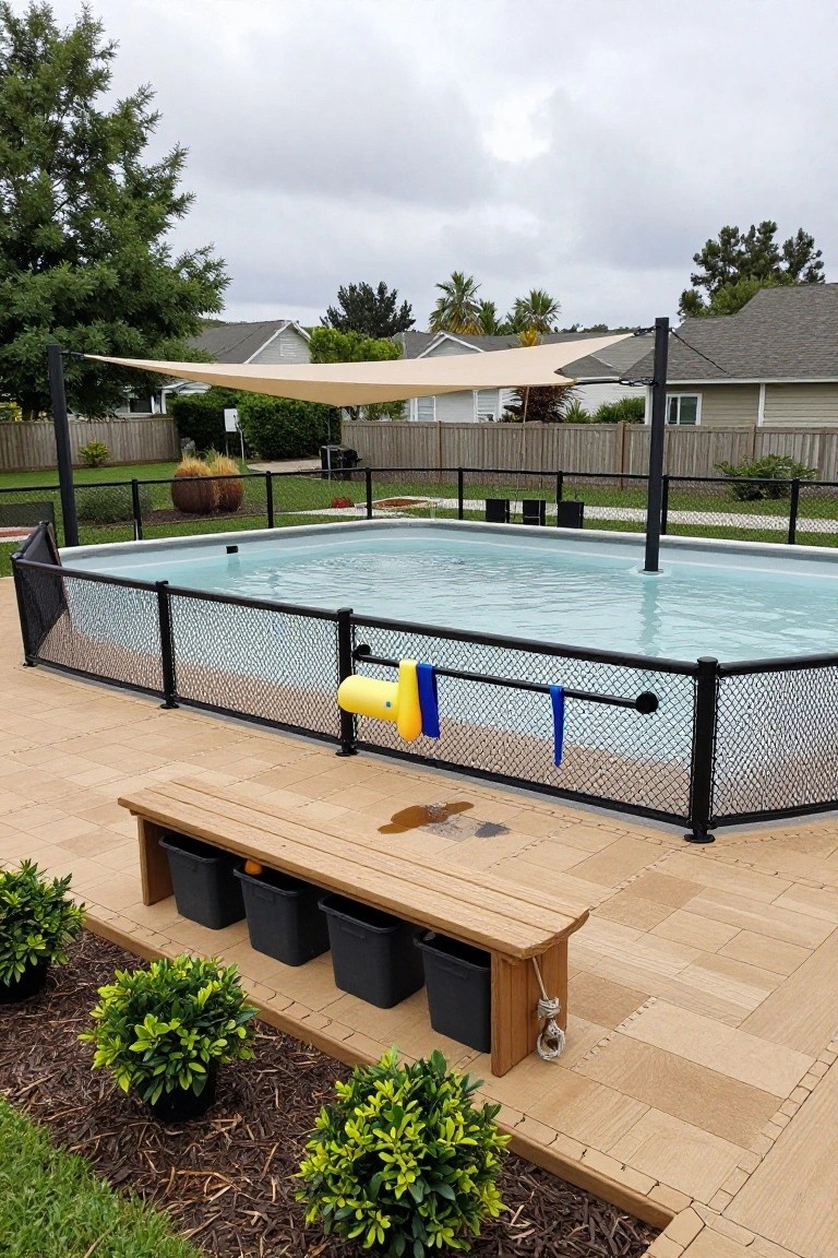 23 Lovely Stock Tank Pool Ideas For Kids That Feel Safe And Fun Backyard above-ground pool enclosed by black metal frame with mesh netting safety fence, surrounded by beige paver decking, wooden bench with black bins, potted plants, and yellow float toy on fence.