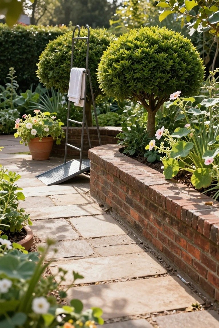 23 Lovely Stock Tank Pool Ideas For Kids That Feel Safe And Fun Outdoor stone paver path beside a curved brick planter wall filled with plants and flowers, with a tall metal towel rack holding a white towel next to clipped green shrubs and potted plants.