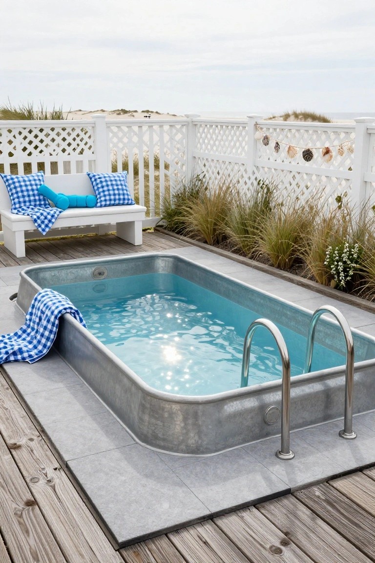 23 Lovely Stock Tank Pool Ideas For Kids That Feel Safe And Fun Rectangular galvanized stock tank pool filled with blue water on a gray stone and wood deck surrounded by white lattice fencing, beach grass, small white flowers, and a white bench with blue checkered pillows and towels, with sand dunes and ocean in the background.