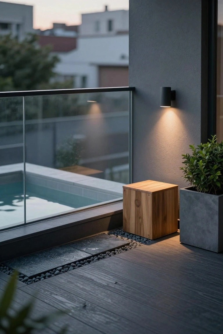 23 Lovely Stock Tank Pool Ideas For Kids That Feel Safe And Fun Modern terrace deck at dusk with glass railing overlooking a small rectangular tiled pool, wooden cube stool next to concrete potted plant, black wall light, dark wood flooring, pebble border, and city view.