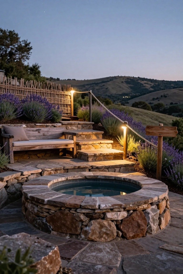 23 Lovely Stock Tank Pool Ideas For Kids That Feel Safe And Fun Round hot tub with natural stone surround on a terraced stone patio at dusk, featuring steps, wooden bench, lavender plants, reed fence, rope handrail, path lights, and hillside views.