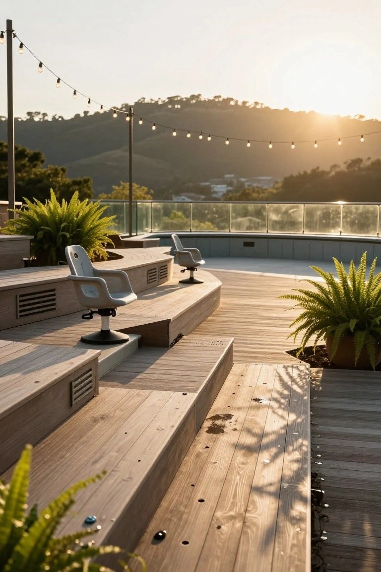23 Lovely Stock Tank Pool Ideas For Kids That Feel Safe And Fun Wooden deck with swivel chairs, string lights, and sunset hills.