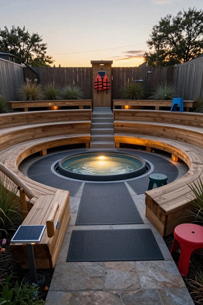 23 Lovely Stock Tank Pool Ideas For Kids That Feel Safe And Fun Round in-ground hot tub centered in curved tiered wooden benches with steps leading to a wooden hut displaying an orange life jacket, surrounded by plants, fences, small stools, and a solar light in a backyard at dusk.