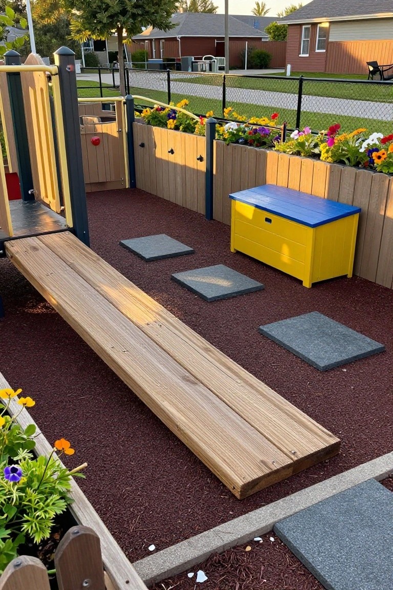 23 Lovely Stock Tank Pool Ideas For Kids That Feel Safe And Fun Outdoor backyard playground with a long wooden balance beam walkway elevated over red rubber mulch ground cover, gray rectangular stepping stone pavers, a yellow wooden toy storage chest, and surrounding raised wooden planters filled with colorful flowers, adjacent to a chain-link fence and neighboring houses.