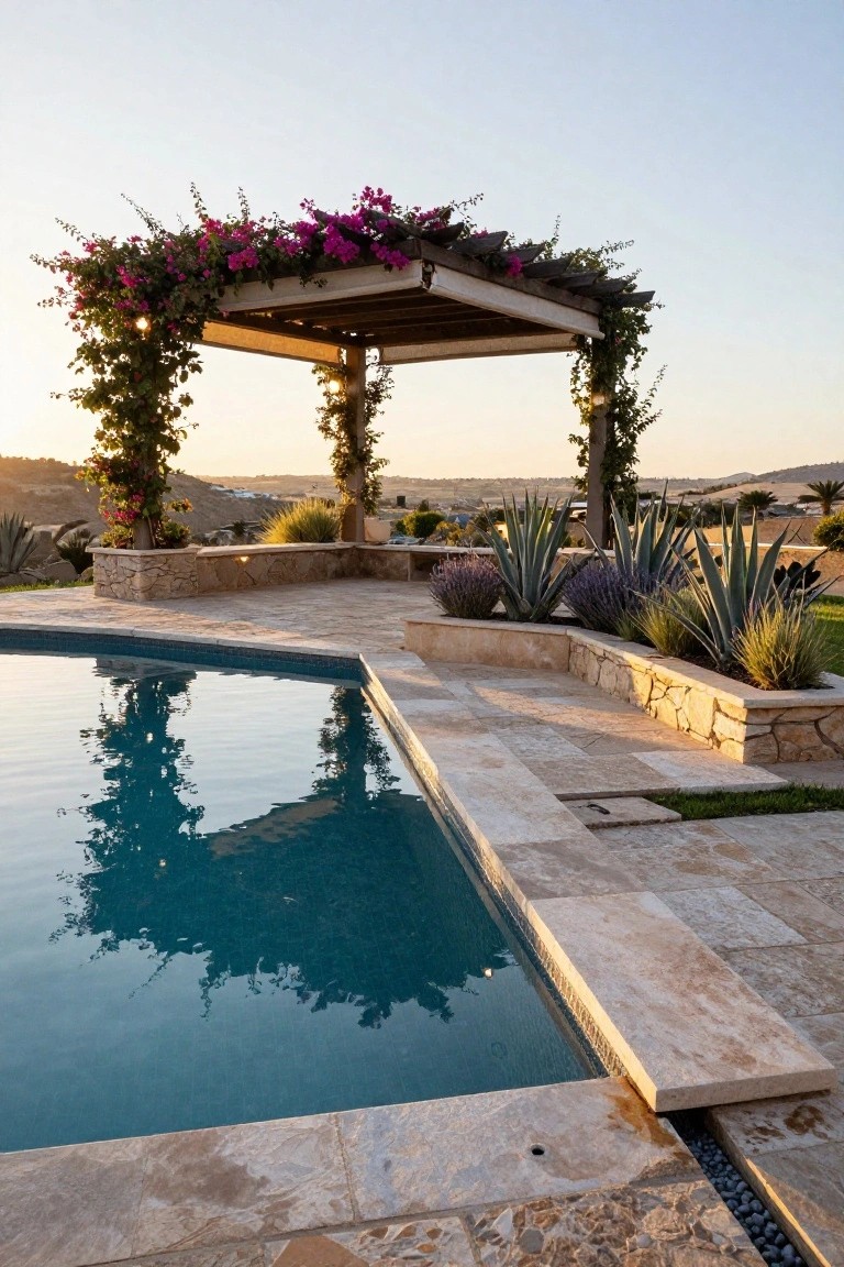 Poolside wooden pergola covered in pink bougainvillea vines with a stone bench nearby, agave and lavender plants in raised beds, and turquoise pool water reflecting the sunset sky.