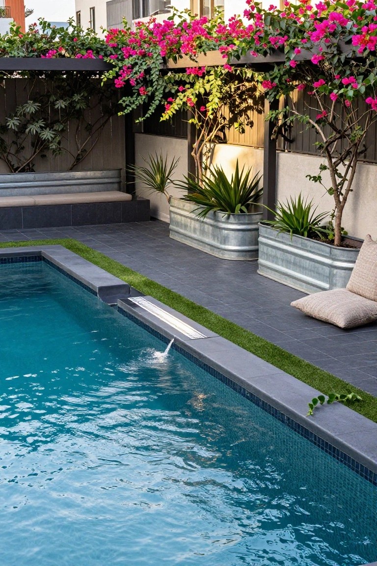 Rectangular pool with dark tile decking and coping, galvanized trough planters filled with plants along one side, bench seating, beige cushions on the deck, and a pergola overhead covered in pink bougainvillea vines against a neutral wall backdrop.