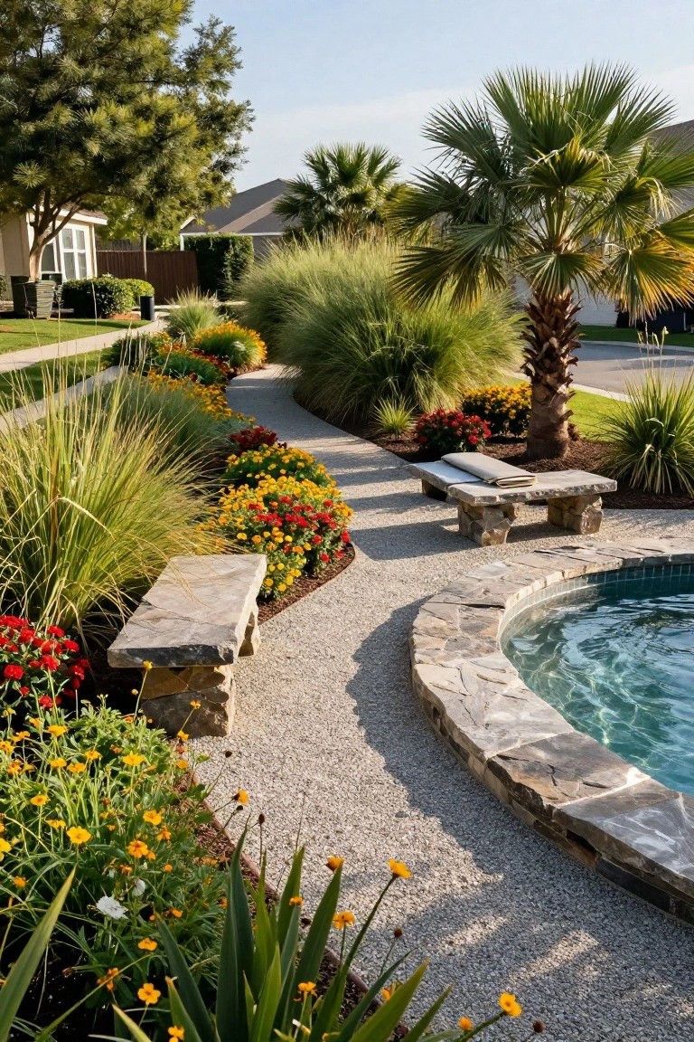 Curved gravel path edged in stone with benches, lined by tall ornamental grasses and beds of yellow and red flowers, leading to a round pool surrounded by palms and shrubs in a suburban yard.