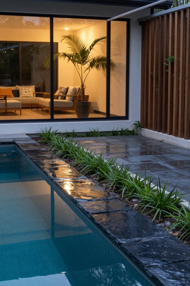 A turquoise swimming pool edged with irregular dark stone coping and a narrow planting bed of lush green strap-like grasses, next to a modern white house with floor-to-ceiling glass walls revealing indoor furniture and a potted palm tree.