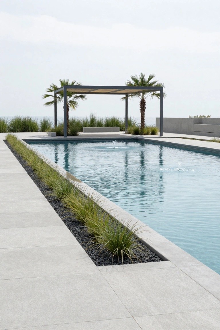 Modern infinity pool with pergola, palms, and ocean view.