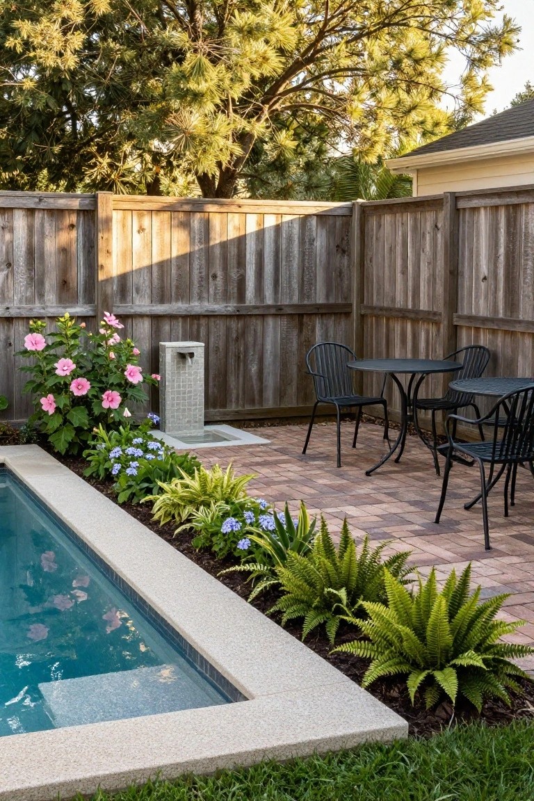 Pool edge bordered by pink hibiscus shrubs, blue agapanthus clusters, yellow variegated grass, and green ferns, next to brick pavers with black metal bistro table and chairs, wooden fence and trees in background.