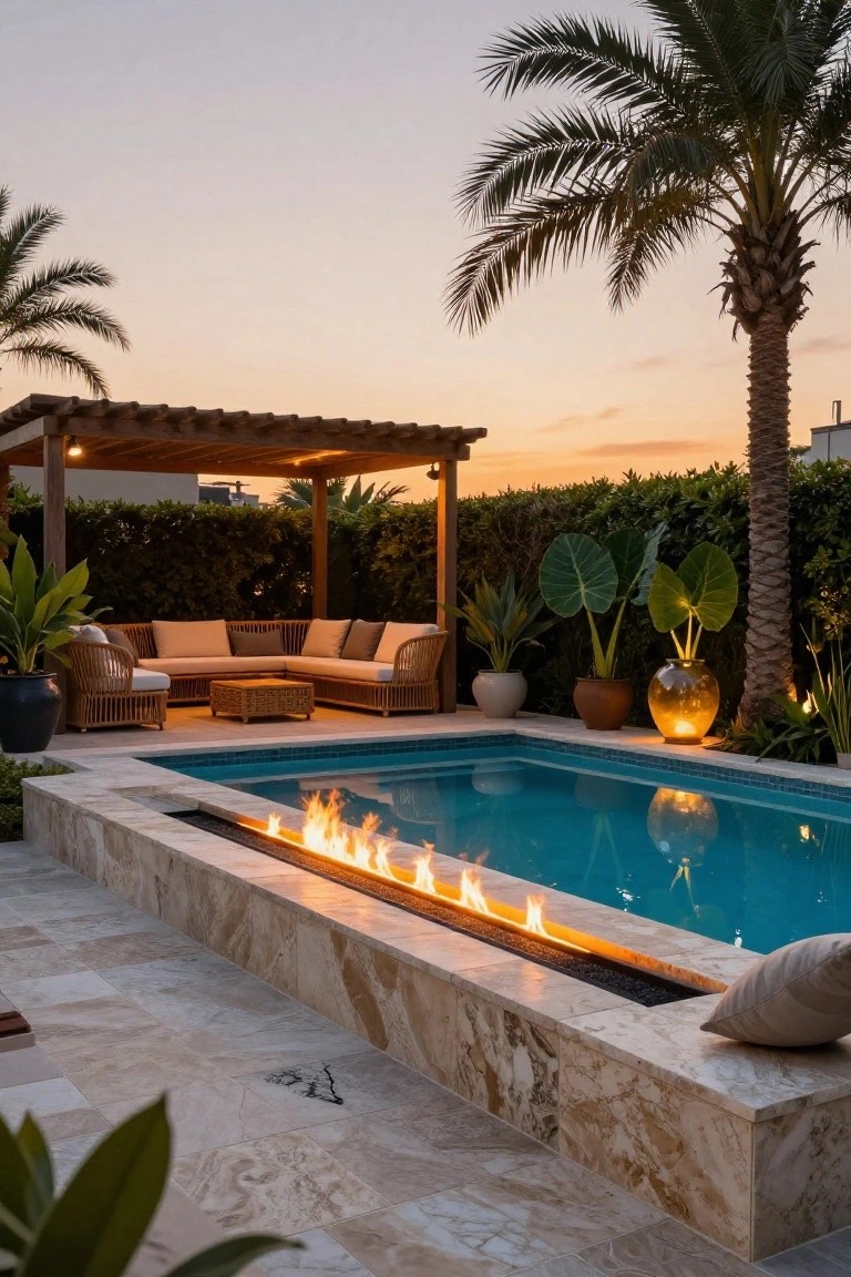 A turquoise pool with a linear gas fire pit burning along the raised travertine edge, rattan sectional sofa under a wooden pergola nearby, tropical plants in pots, palm trees, and warm sunset lighting.