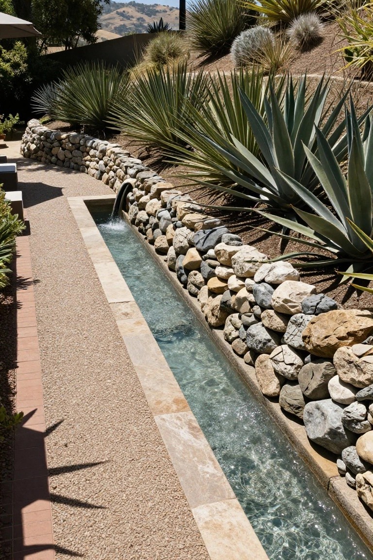 Narrow travertine-lined water channel with flowing water alongside a gravel path, bordered by stacked rock retaining wall planted with agave plants and surrounded by decomposed granite ground cover.