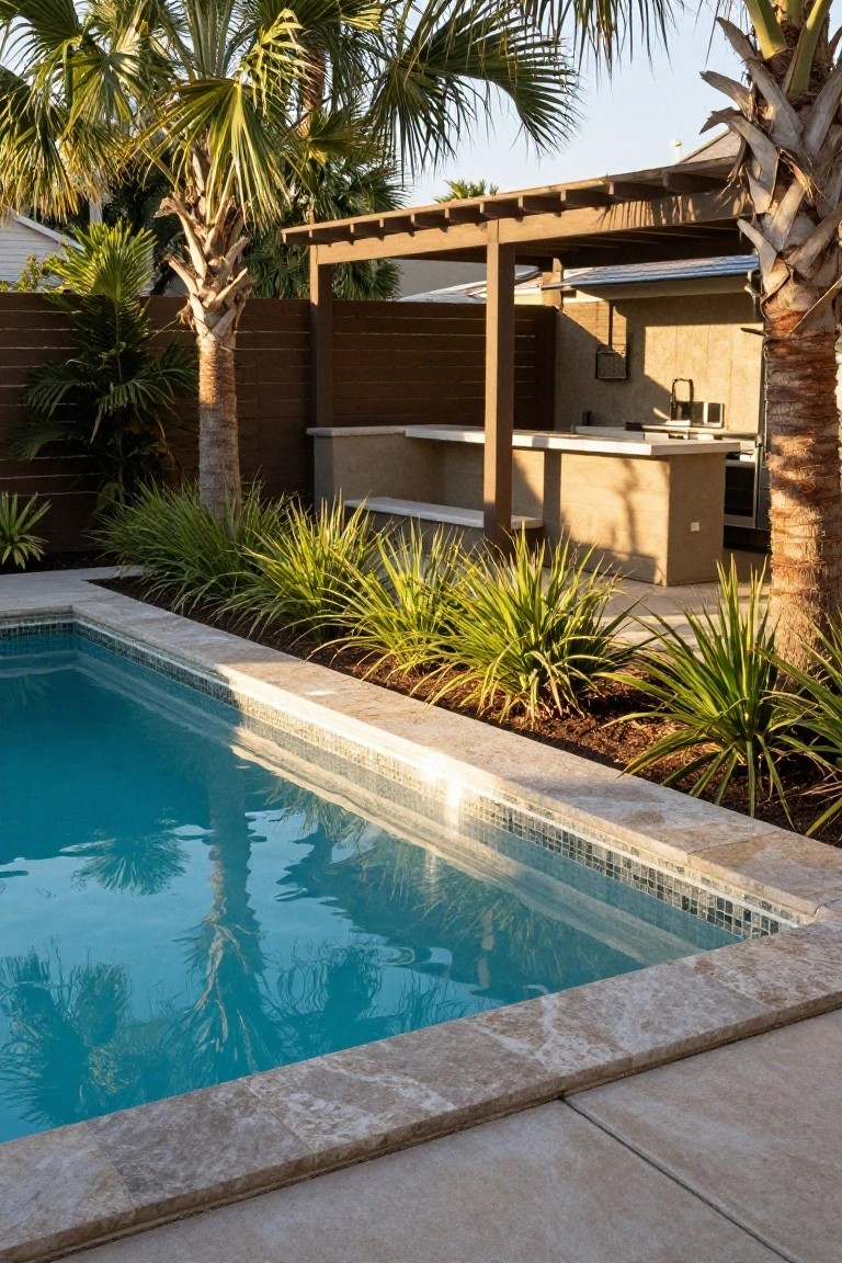 Rectangular turquoise pool with travertine tile coping edged by dense beds of green strap-leaf grasses, palm trees nearby, wooden fence, and outdoor bar under pergola in background.