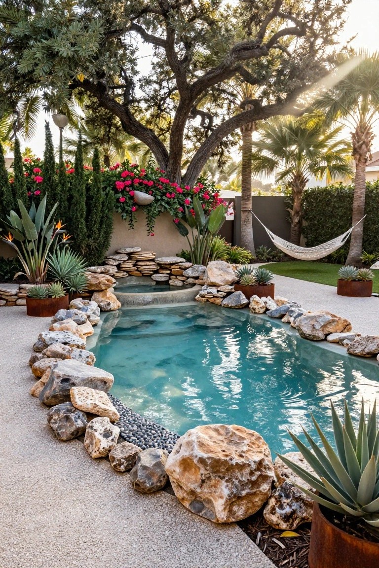 Small turquoise plunge pool edged with large irregular boulders and pebbles, surrounded by agave plants in pots and ground, succulents, palm trees, bougainvillea vines, and a white hammock nearby on a gravel patio.