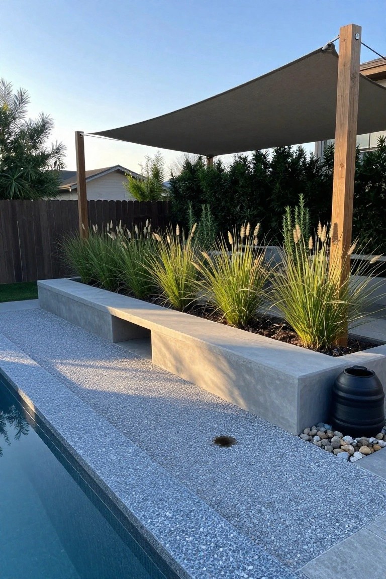 Concrete bench integrated into a raised planting bed with tall ornamental grasses next to a pool edged in pebble surfacing, with a shade sail on wooden posts nearby.