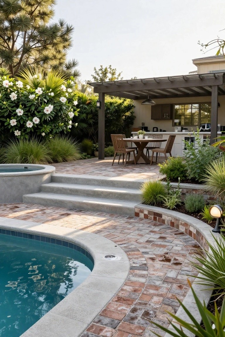 Curved swimming pool with elevated spa connected by concrete steps and a brick paver pathway edged by tall ornamental grasses, palm trees, white flowering shrubs, and low plants, next to a pergola-covered outdoor dining area and kitchen.