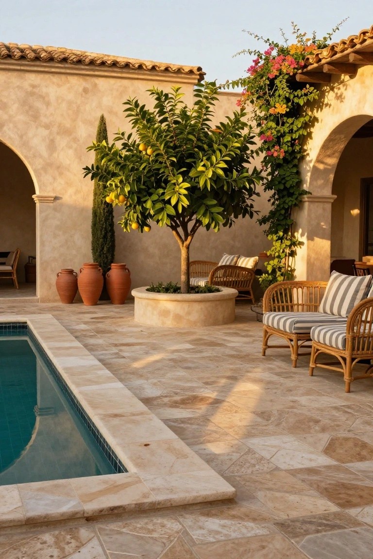 Poolside patio featuring a lemon tree in a circular stone planter surrounded by rattan lounge chairs, terracotta pots, arched stucco walls, and a turquoise pool edged in beige tile.