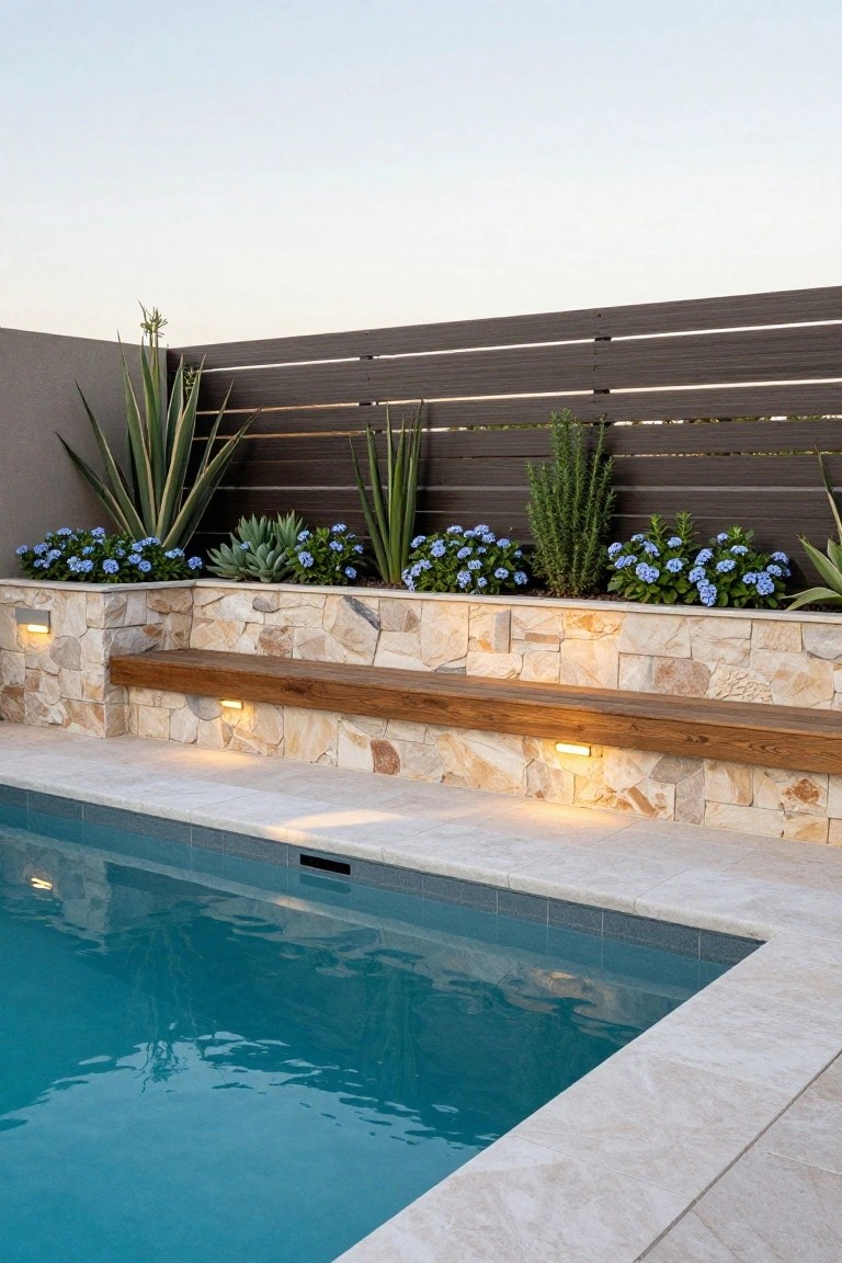 Swimming pool corner edged in light stone pavers, with raised sandstone wall planted in succulents, agaves, and blue flowers, topped by wooden bench, dark slatted fence behind, and small LED lights along the wall and bench.