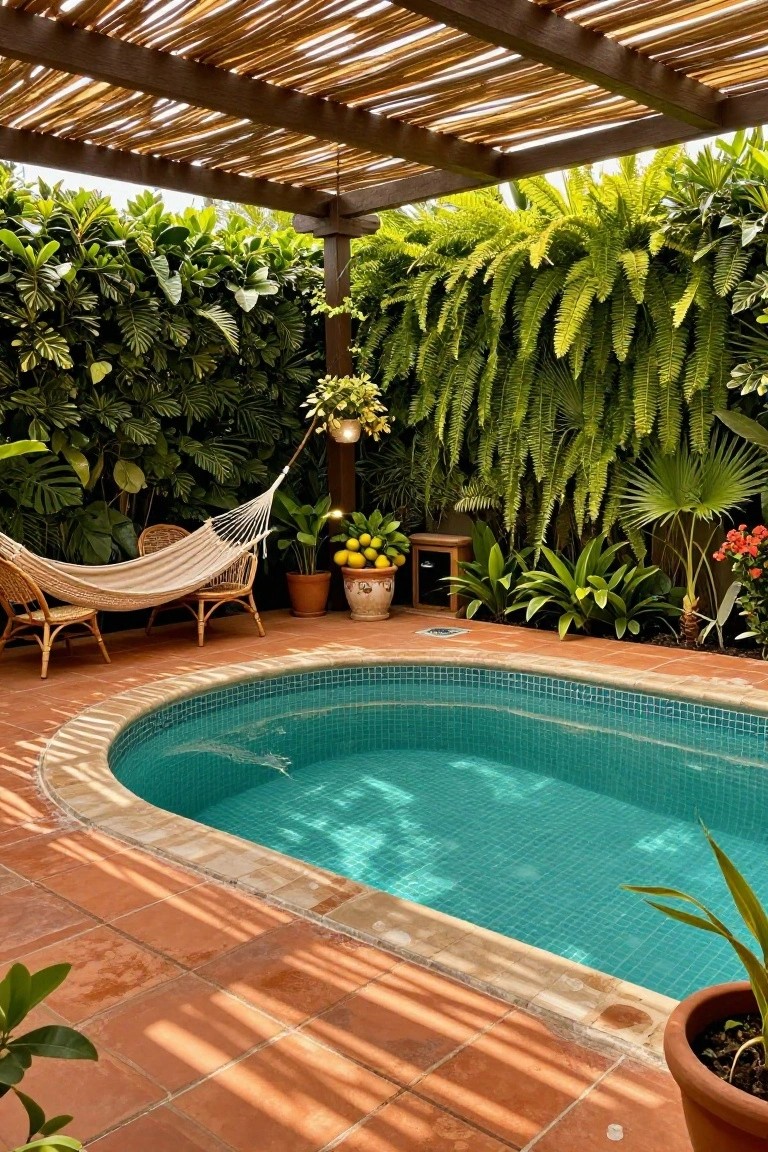 Small oval turquoise-tiled pool edged in terracotta tiles, surrounded by dense tropical green plants and hanging ferns, with two white hammocks and wicker chairs under a bamboo pergola.