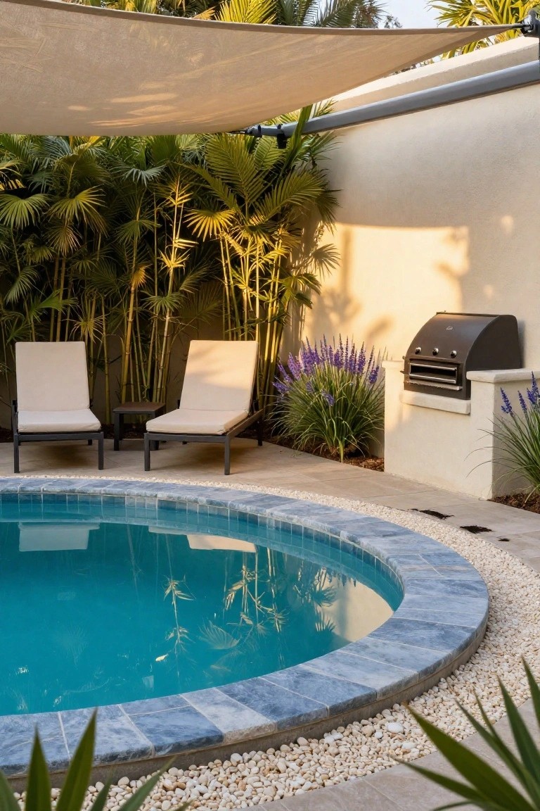 Small turquoise pool with blue stone tile edging and white pebble surround, two beige lounge chairs under a beige triangular shade sail, black BBQ grill on a pedestal, lavender plants, palm fronds, and bamboo screening against a beige stucco wall.